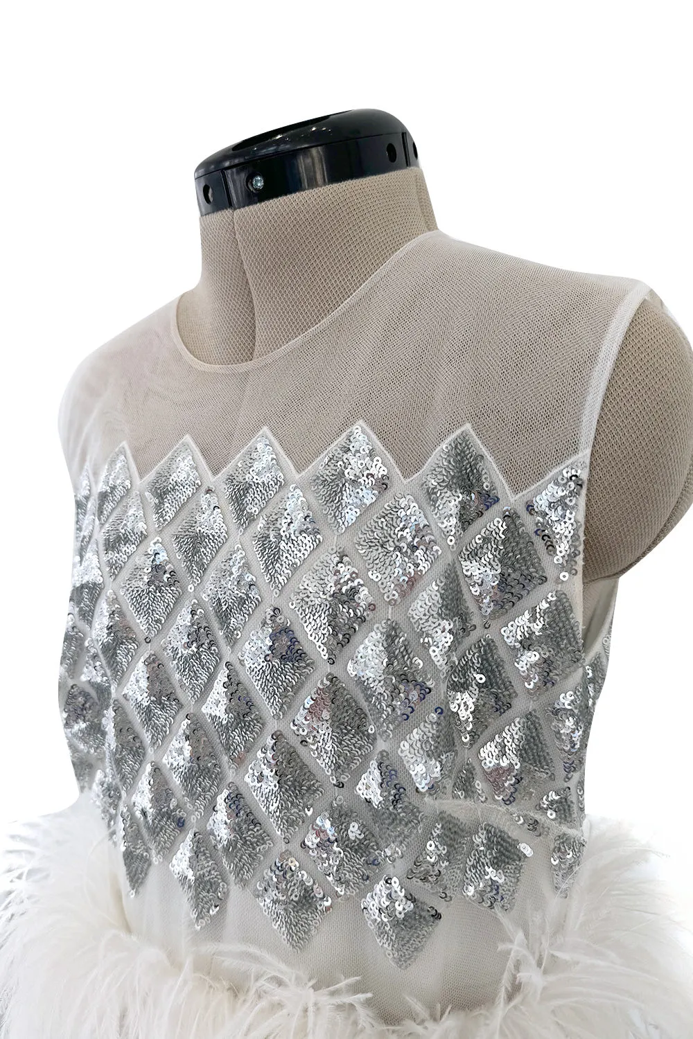 Fantastic Fall 2019 Huishan Zhang Silver Sequin on White Net & Organza Dress w Feather Detailing