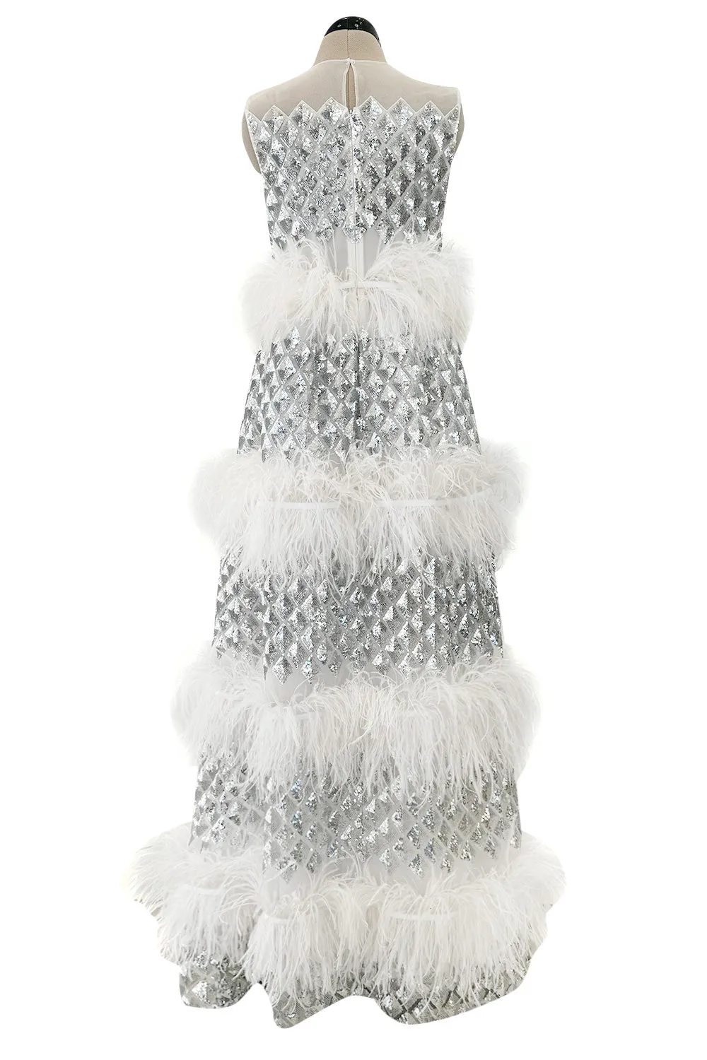 Fantastic Fall 2019 Huishan Zhang Silver Sequin on White Net & Organza Dress w Feather Detailing
