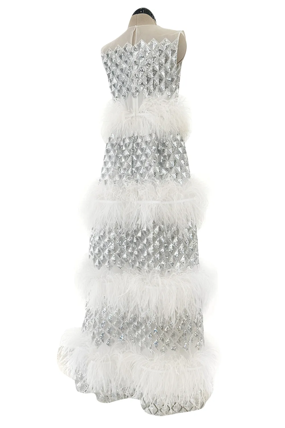 Fantastic Fall 2019 Huishan Zhang Silver Sequin on White Net & Organza Dress w Feather Detailing