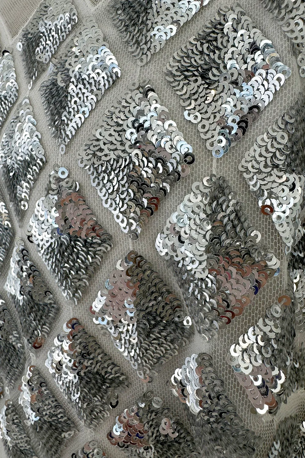 Fantastic Fall 2019 Huishan Zhang Silver Sequin on White Net & Organza Dress w Feather Detailing