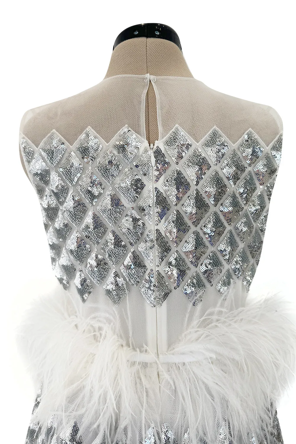 Fantastic Fall 2019 Huishan Zhang Silver Sequin on White Net & Organza Dress w Feather Detailing