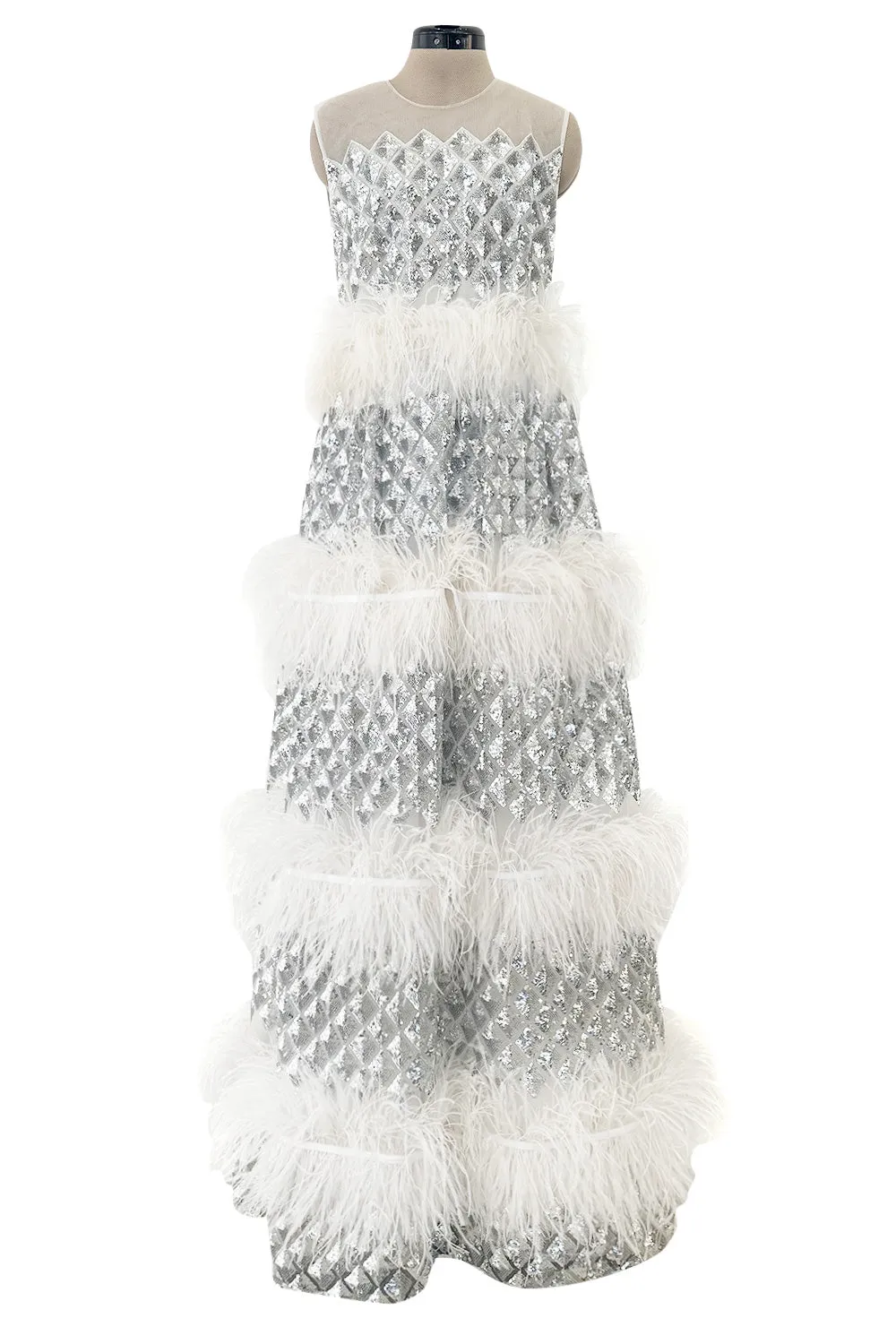 Fantastic Fall 2019 Huishan Zhang Silver Sequin on White Net & Organza Dress w Feather Detailing