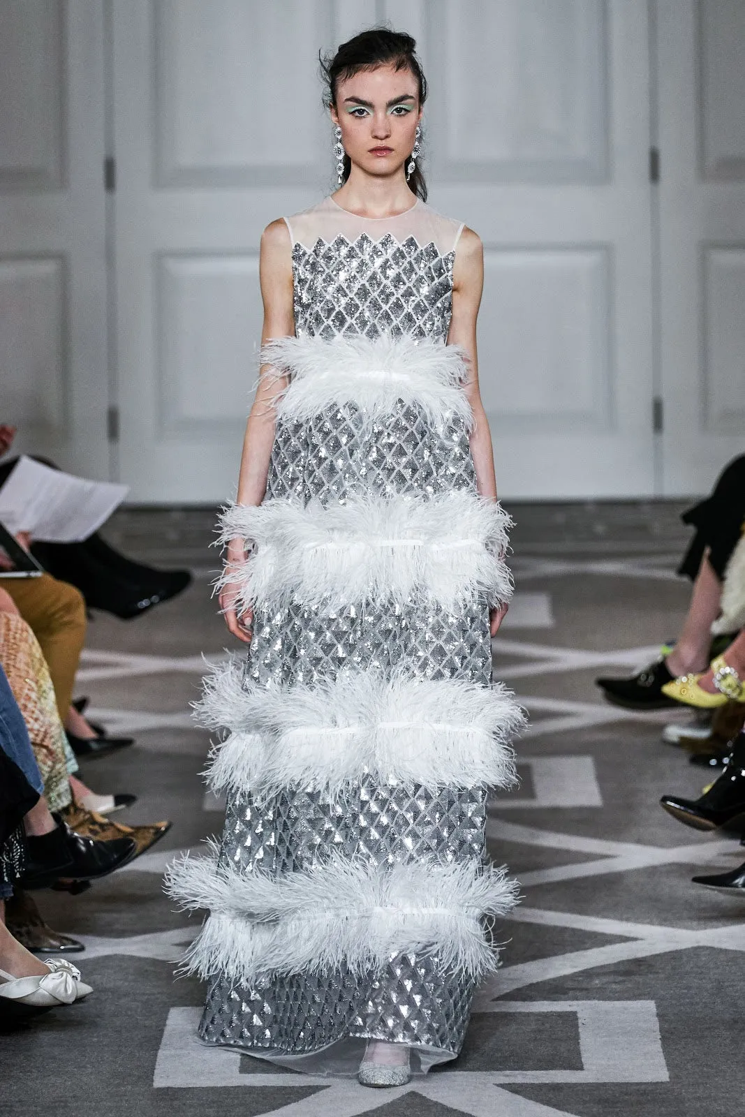Fantastic Fall 2019 Huishan Zhang Silver Sequin on White Net & Organza Dress w Feather Detailing