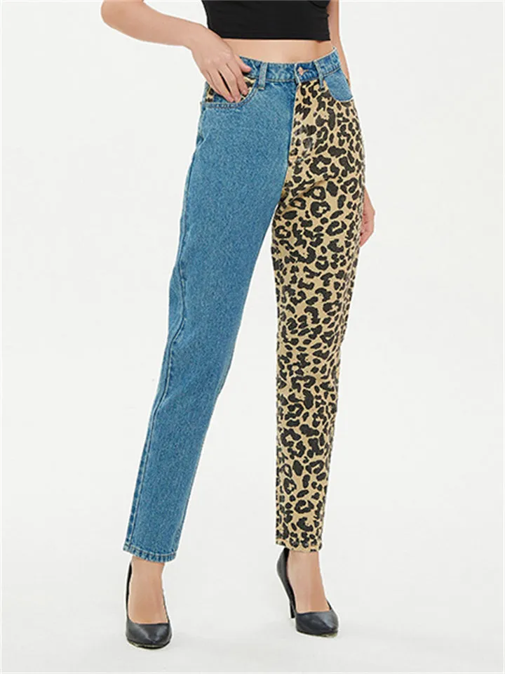 Fashion Leopard Print Straight-Leg Blue Denim Jeans for Women