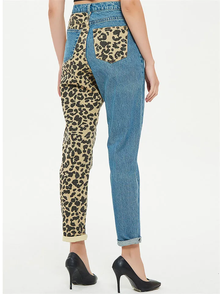 Fashion Leopard Print Straight-Leg Blue Denim Jeans for Women