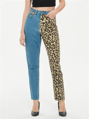 Fashion Leopard Print Straight-Leg Blue Denim Jeans for Women