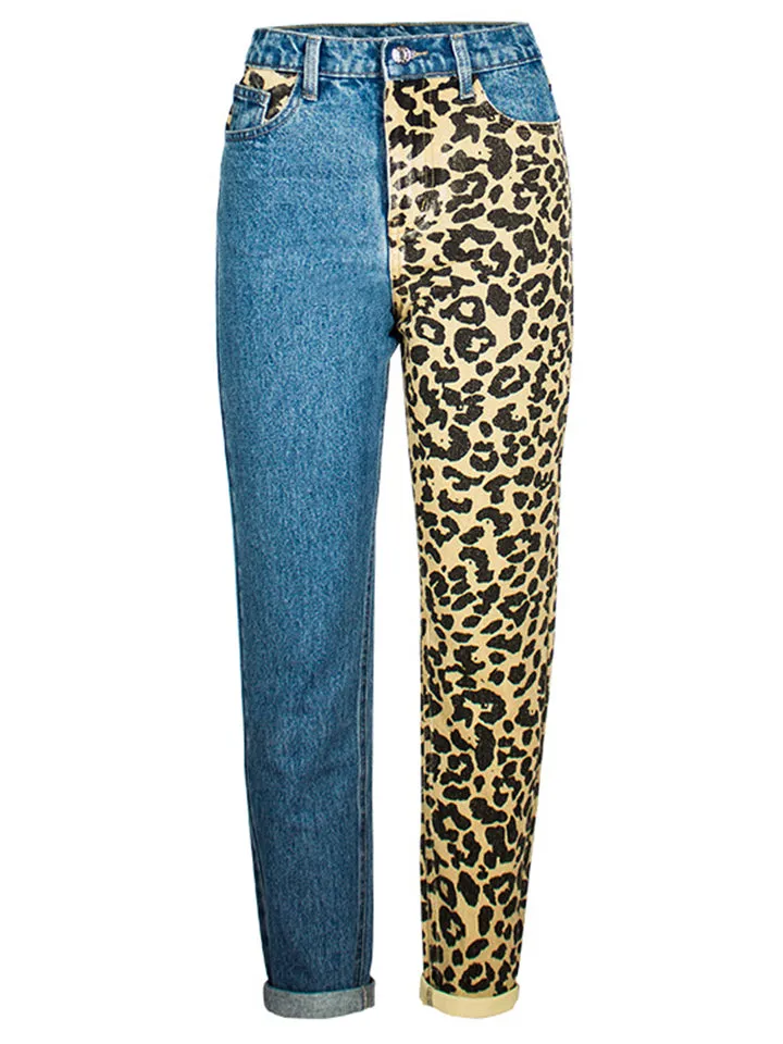 Fashion Leopard Print Straight-Leg Blue Denim Jeans for Women