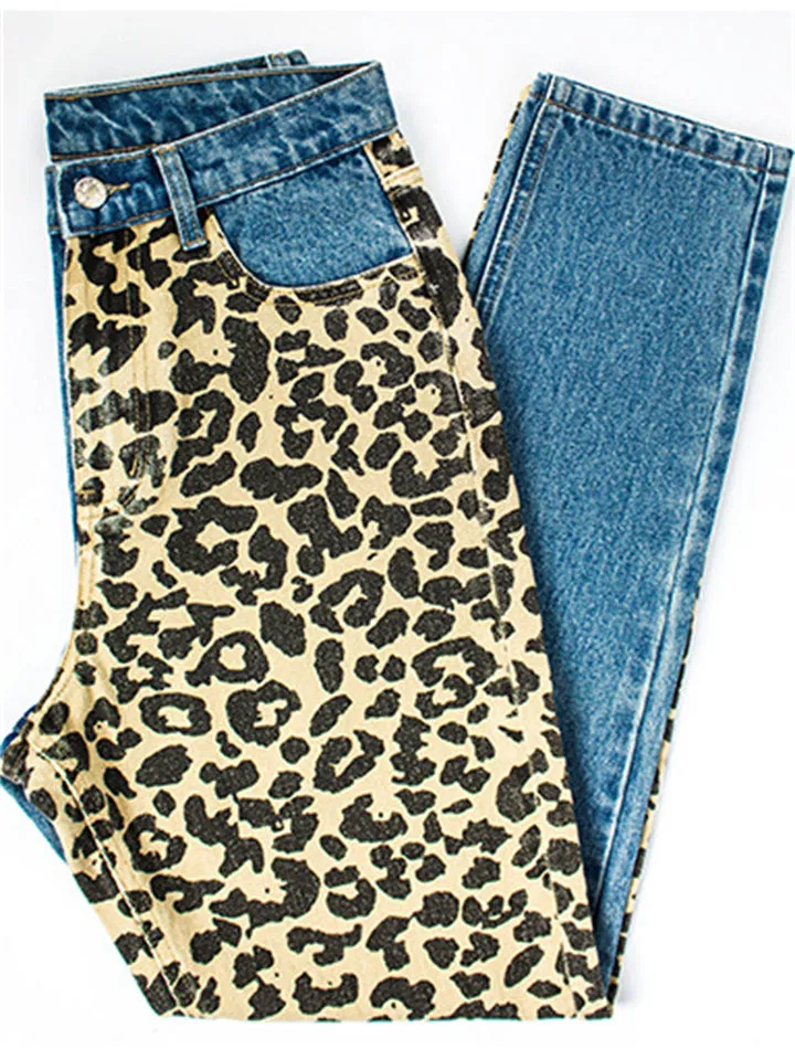 Fashion Leopard Print Straight-Leg Blue Denim Jeans for Women