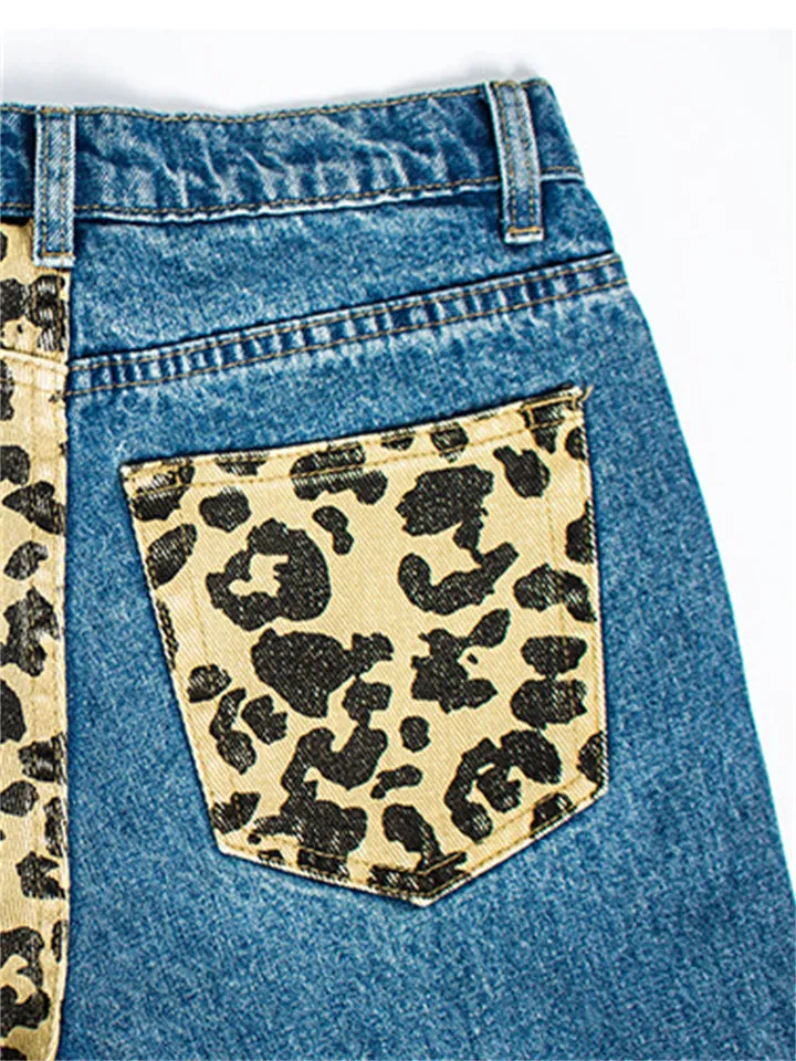 Fashion Leopard Print Straight-Leg Blue Denim Jeans for Women