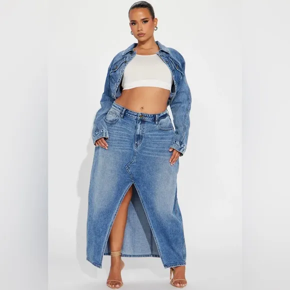 Fashion Nova 2 PC Lone Pine Cropped Bolero Denim Jacket &amp; Maxi Skirt SZ 3X/2X
