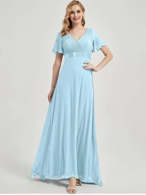 [Final Sale] Short Sleeve Cornflower Blue Chiffon Bridesmaid Dress For Parties