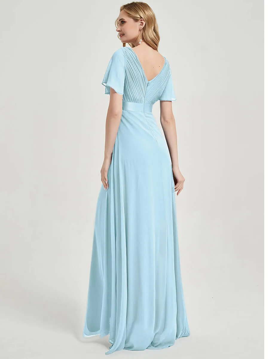 [Final Sale] Short Sleeve Cornflower Blue Chiffon Bridesmaid Dress For Parties