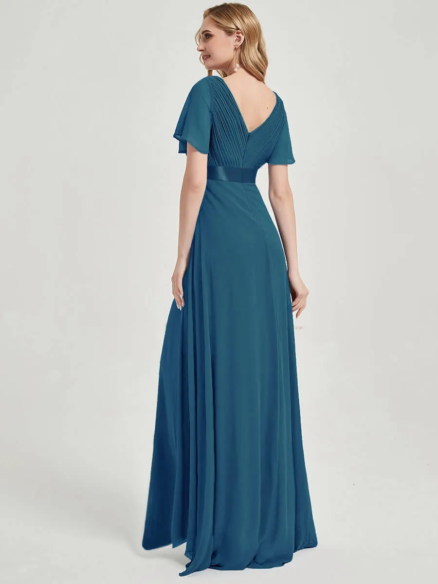 [Final Sale] Teal Ruffle Pleated Short Sleeve Bridesmaid Dresses for Wedding Party