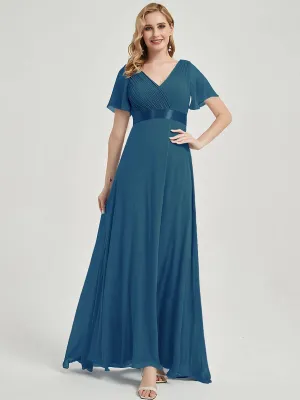 [Final Sale] Teal Ruffle Pleated Short Sleeve Bridesmaid Dresses for Wedding Party