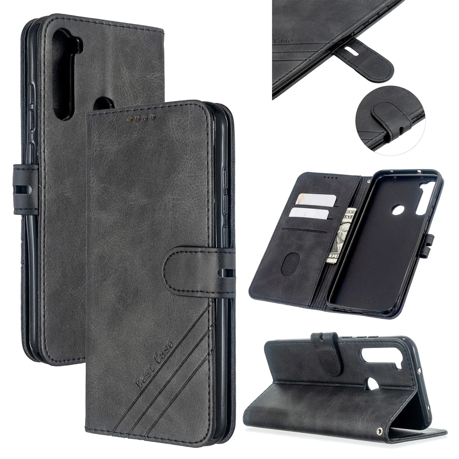 For Redmi Note 8T/Redmi 8/Redmi 8A Case Soft Leather Cover with Denim Texture Precise Cutouts Wallet Design Buckle Closure Smartphone Shell  black