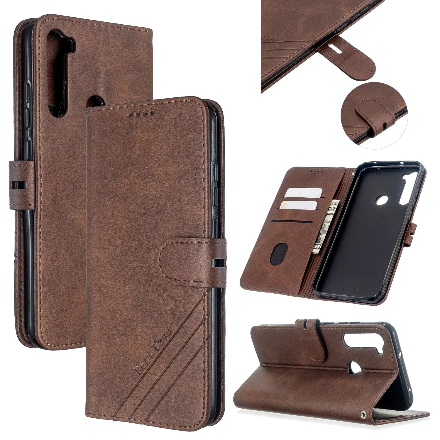 For Redmi Note 8T/Redmi 8/Redmi 8A Case Soft Leather Cover with Denim Texture Precise Cutouts Wallet Design Buckle Closure Smartphone Shell  brown