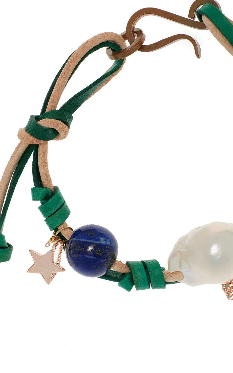 Forest Sky Knotted Leather 18K Rose Gold Pearl, Lapis Bracelet