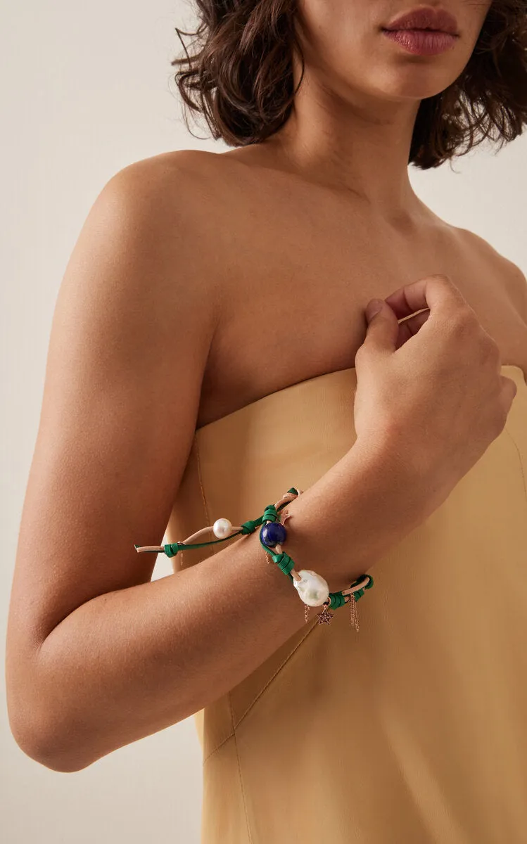 Forest Sky Knotted Leather 18K Rose Gold Pearl, Lapis Bracelet
