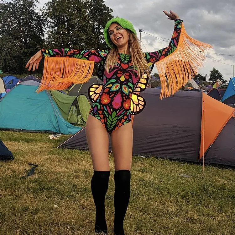 Fringed Lycra Bodysuit in Black Rainbow Femina Magicae