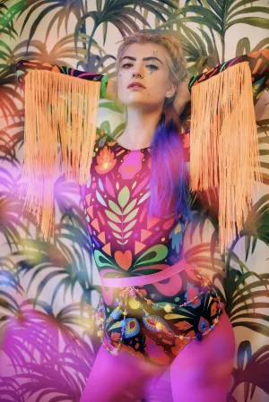 Fringed Lycra Bodysuit in Black Rainbow Femina Magicae