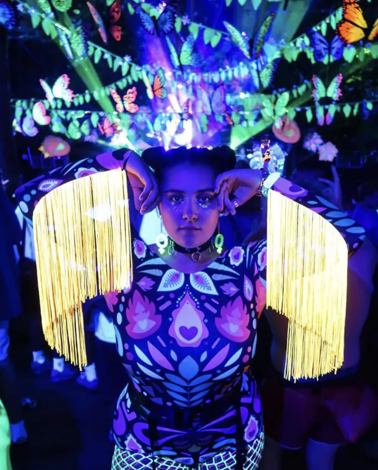 Fringed Lycra Bodysuit in Black Rainbow Femina Magicae