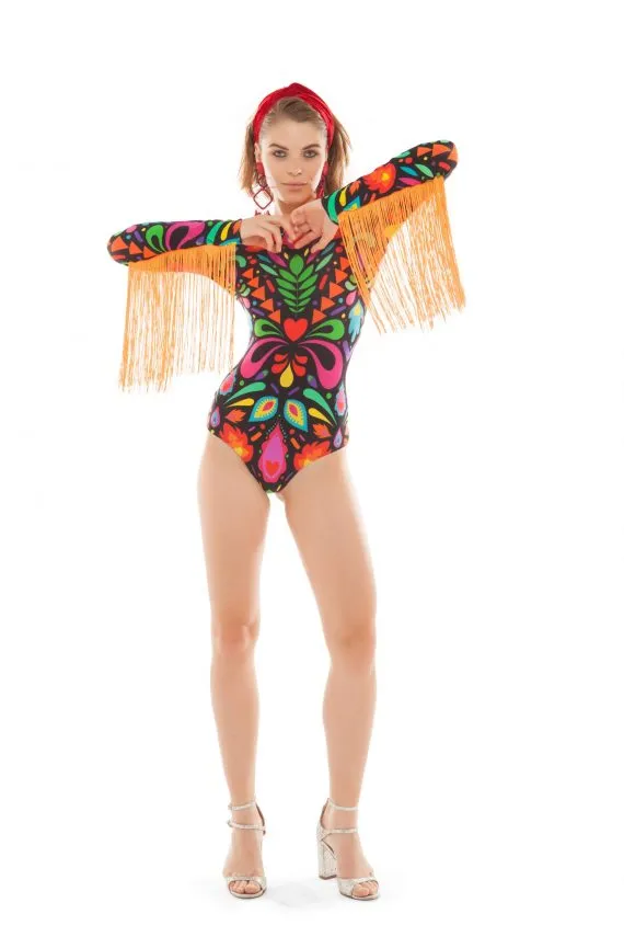 Fringed Lycra Bodysuit in Black Rainbow Femina Magicae