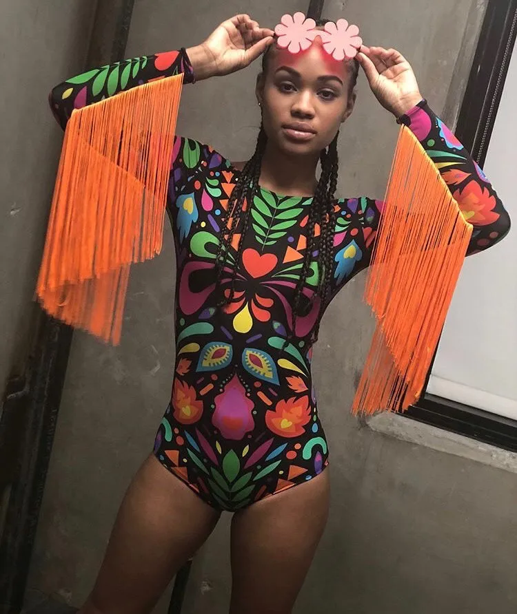 Fringed Lycra Bodysuit in Black Rainbow Femina Magicae