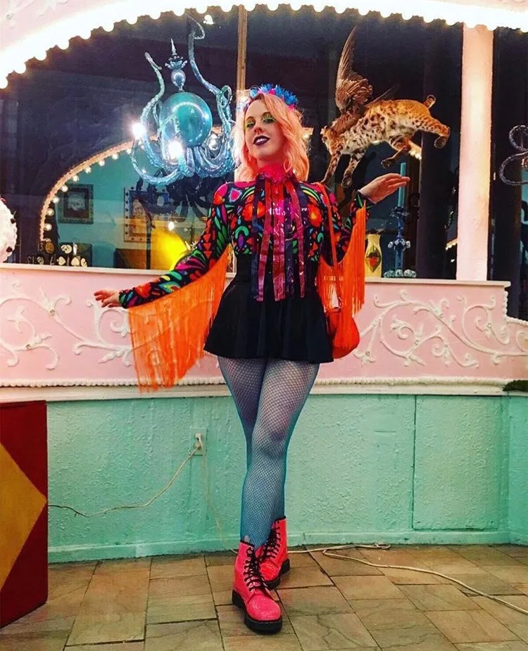 Fringed Lycra Bodysuit in Black Rainbow Femina Magicae
