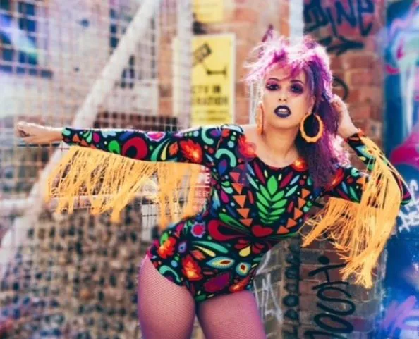Fringed Lycra Bodysuit in Black Rainbow Femina Magicae