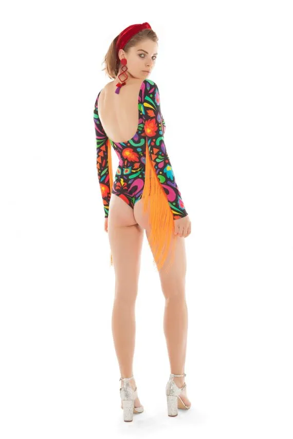 Fringed Lycra Bodysuit in Black Rainbow Femina Magicae