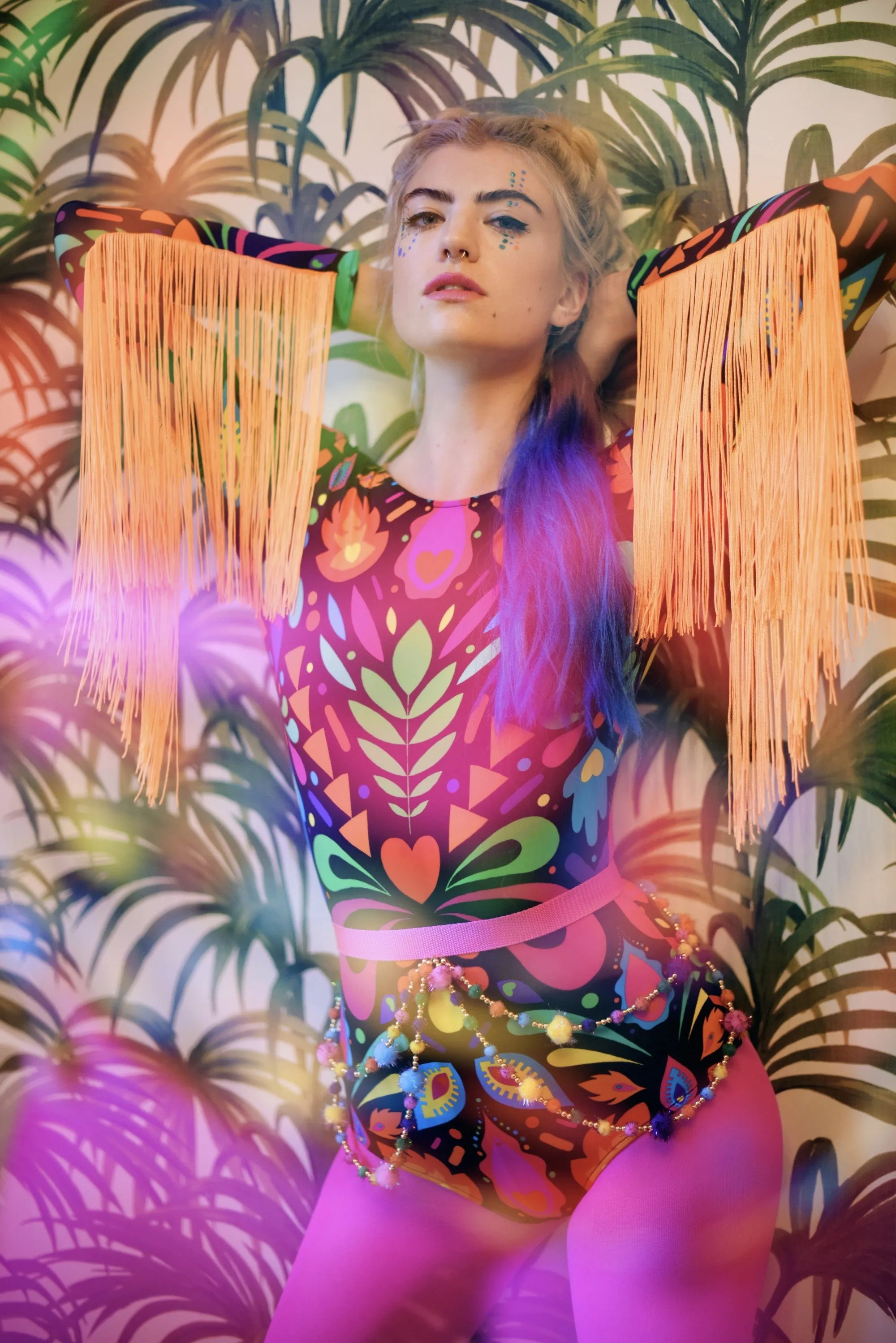 Fringed Lycra Bodysuit in Black Rainbow Femina Magicae