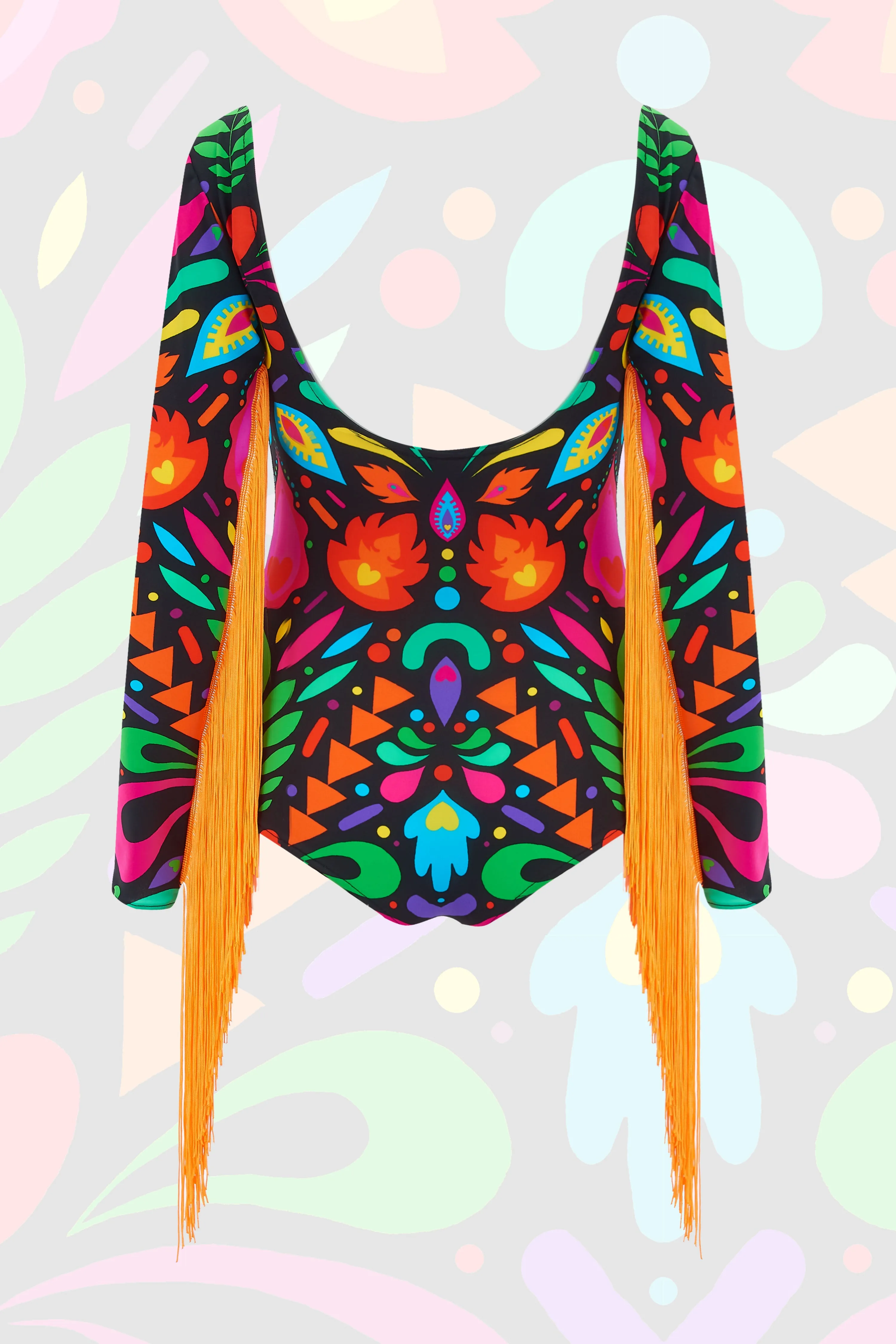 Fringed Lycra Bodysuit in Black Rainbow Femina Magicae