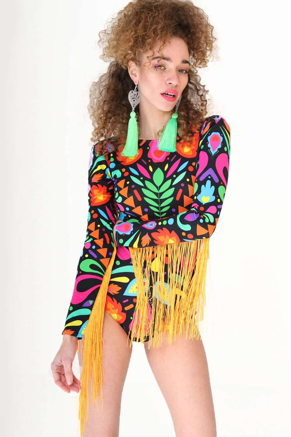 Fringed Lycra Bodysuit in Black Rainbow Femina Magicae