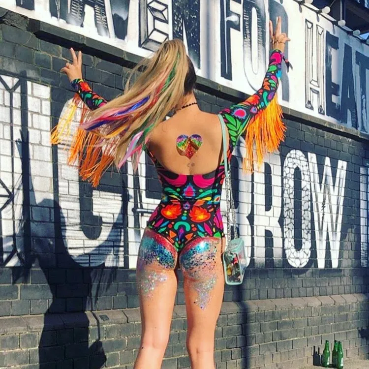 Fringed Lycra Bodysuit in Black Rainbow Femina Magicae
