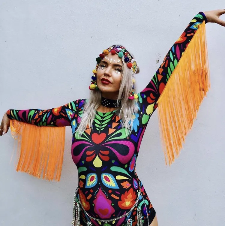 Fringed Lycra Bodysuit in Black Rainbow Femina Magicae