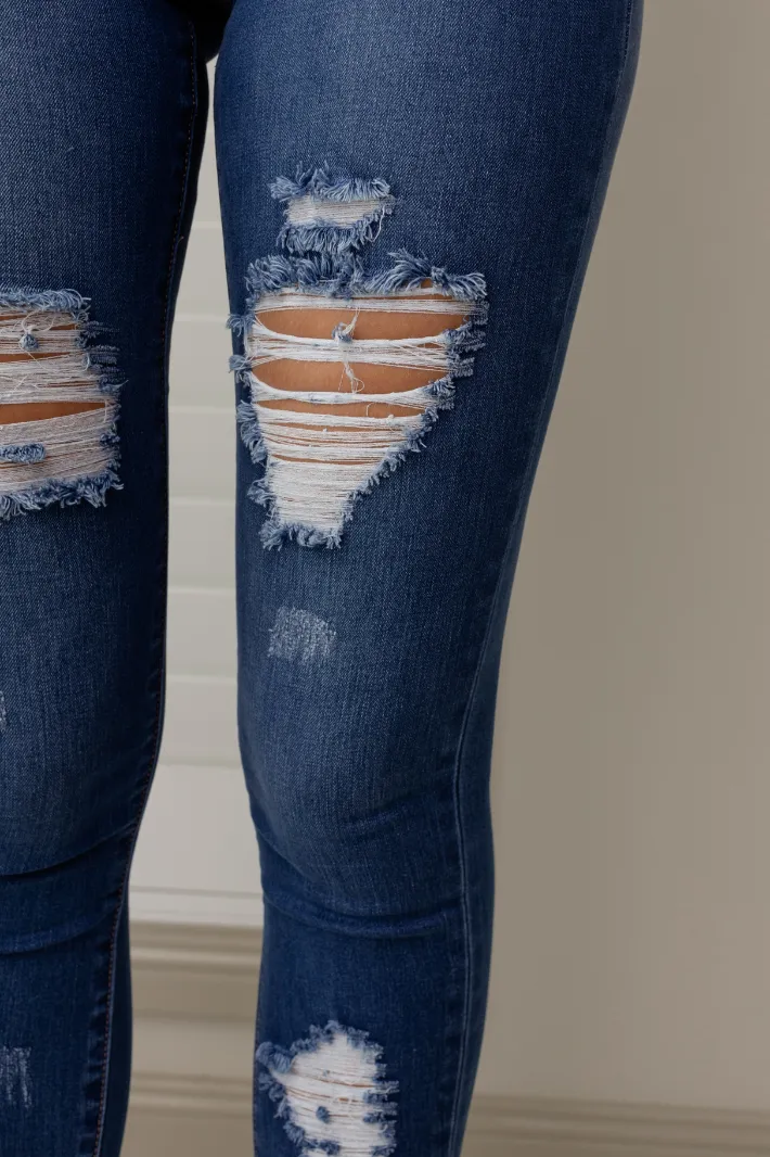 GLINDA DISTRESSED DENIM JEANS - Blue