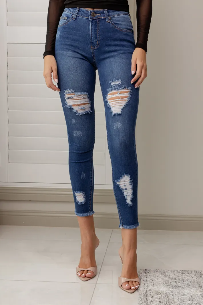 GLINDA DISTRESSED DENIM JEANS - Blue