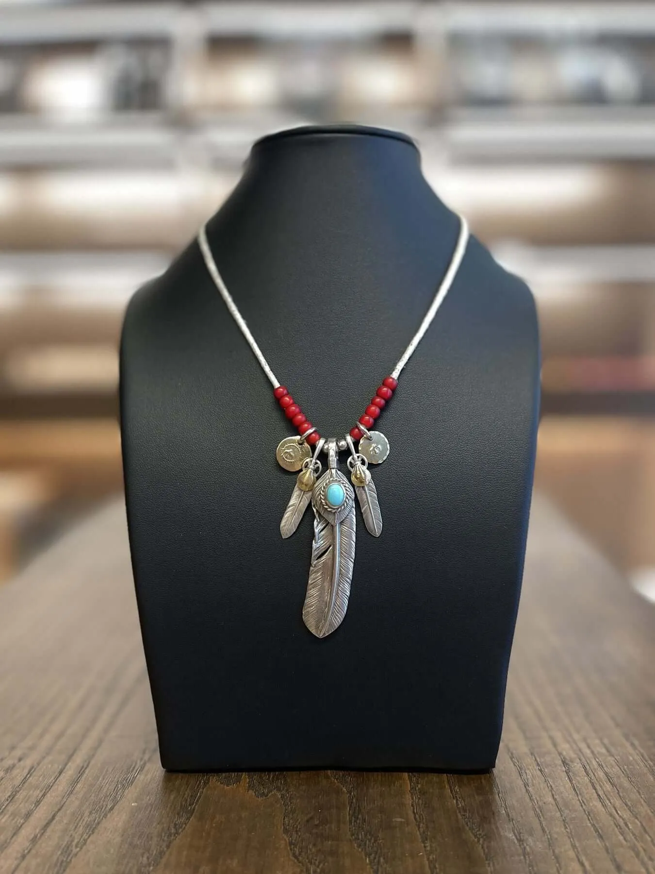 Goros Turquoise Feather With Red Beads Leather Cord Setup
