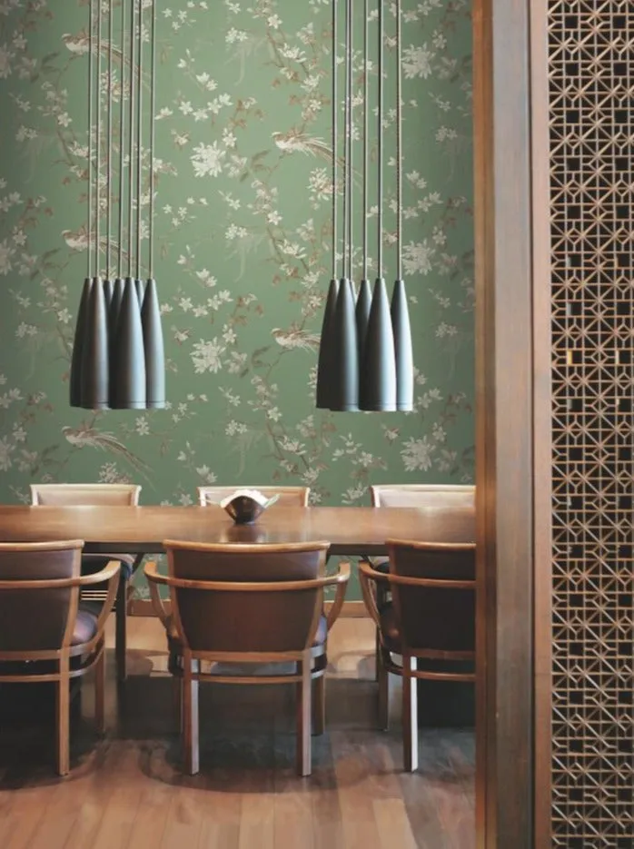 Green Bird and Blossom Chinoiserie Wallpaper  (60 SqFt)