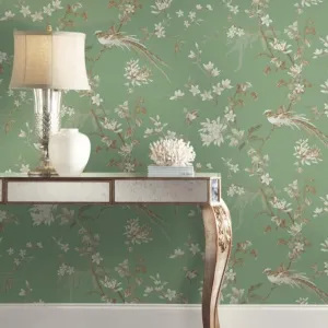 Green Bird and Blossom Chinoiserie Wallpaper  (60 SqFt)