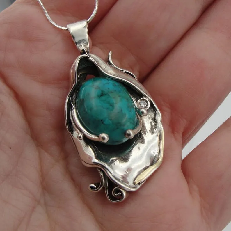 Hadar Designers 9k Yellow Gold 925 Silver Turquoise Pendant Art Handmade (MS) y