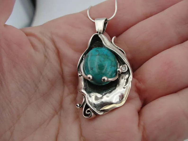 Hadar Designers 9k Yellow Gold 925 Silver Turquoise Pendant Art Handmade (MS) y
