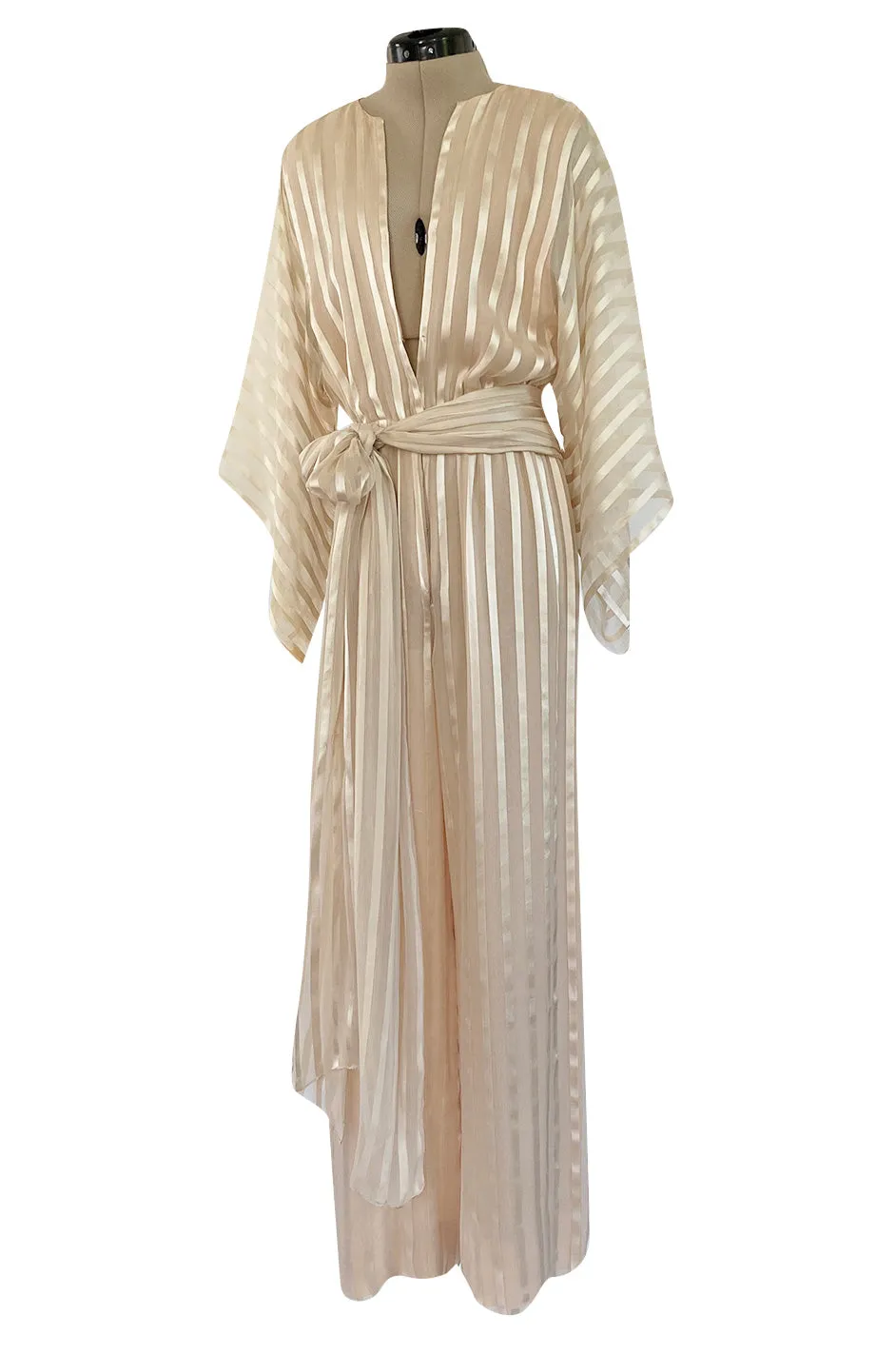 Halston 1976 Ivory Ribbon Silk Chiffon Ivory Jumpsuit w Original Sash