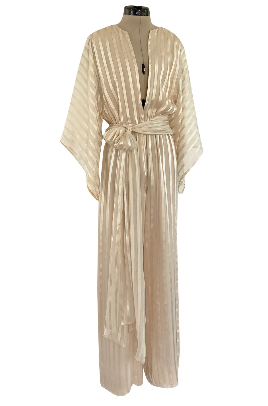 Halston 1976 Ivory Ribbon Silk Chiffon Ivory Jumpsuit w Original Sash