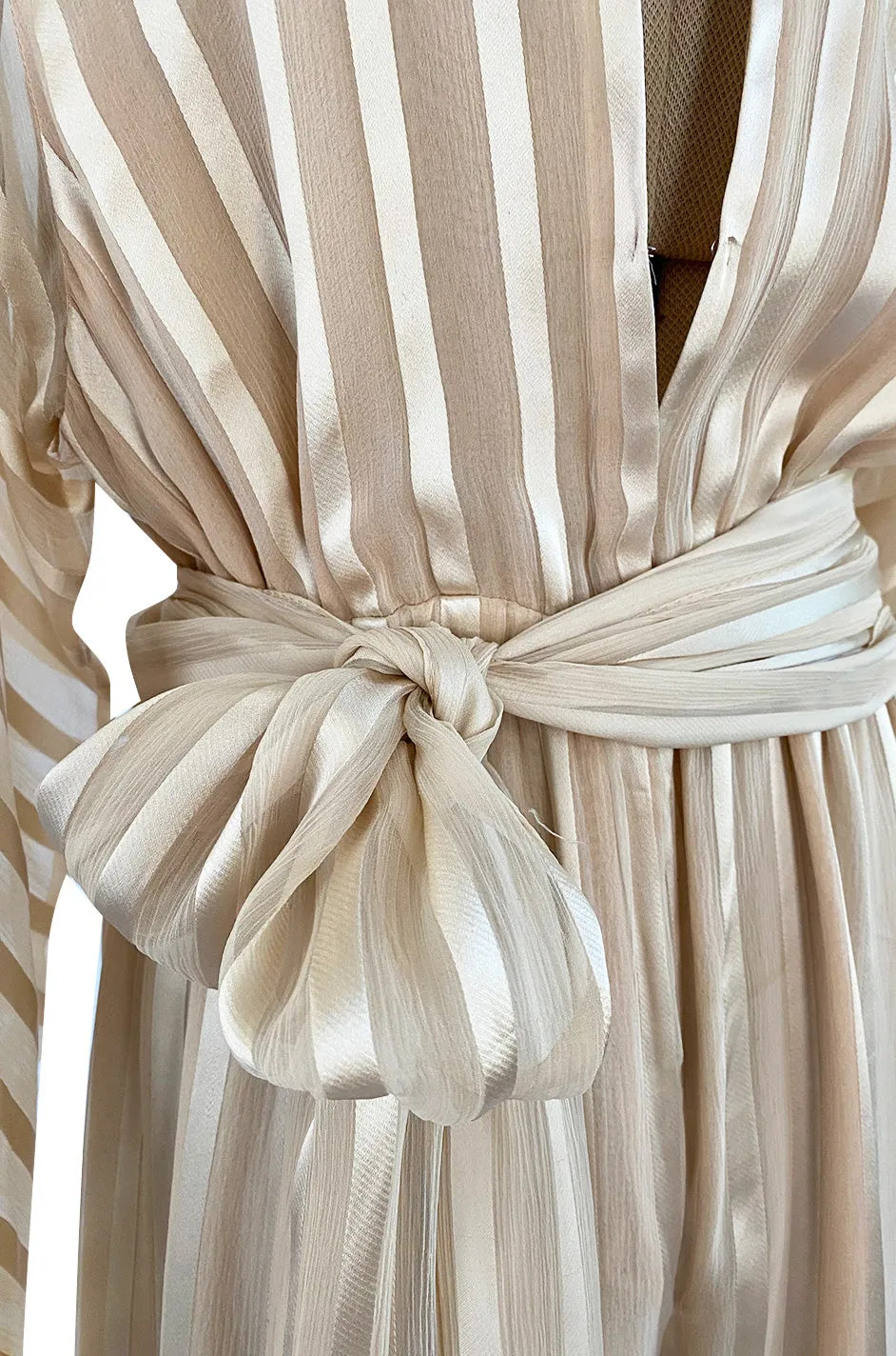 Halston 1976 Ivory Ribbon Silk Chiffon Ivory Jumpsuit w Original Sash