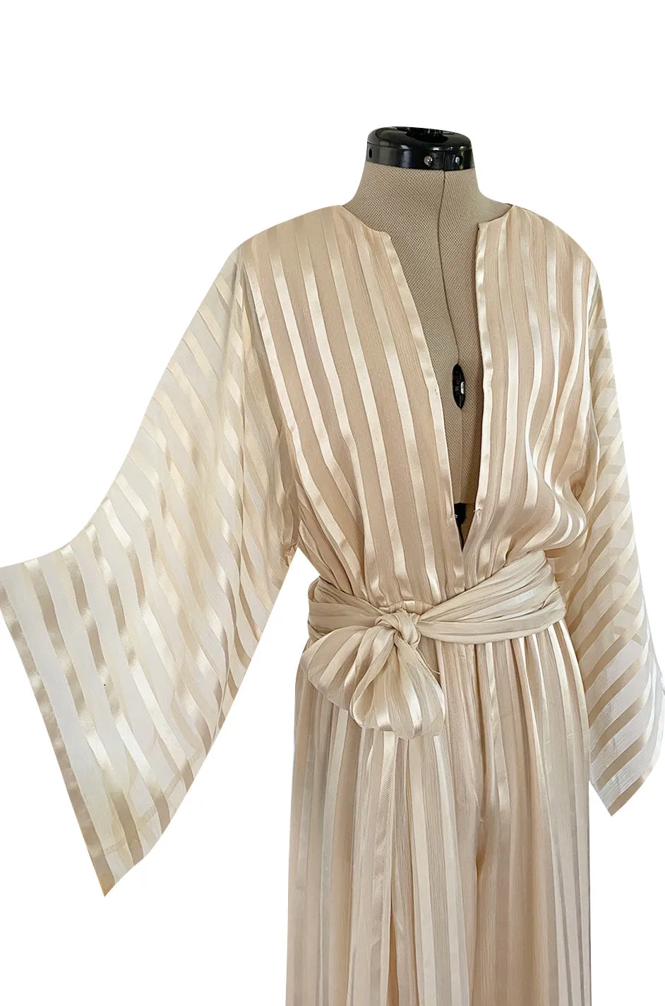 Halston 1976 Ivory Ribbon Silk Chiffon Ivory Jumpsuit w Original Sash