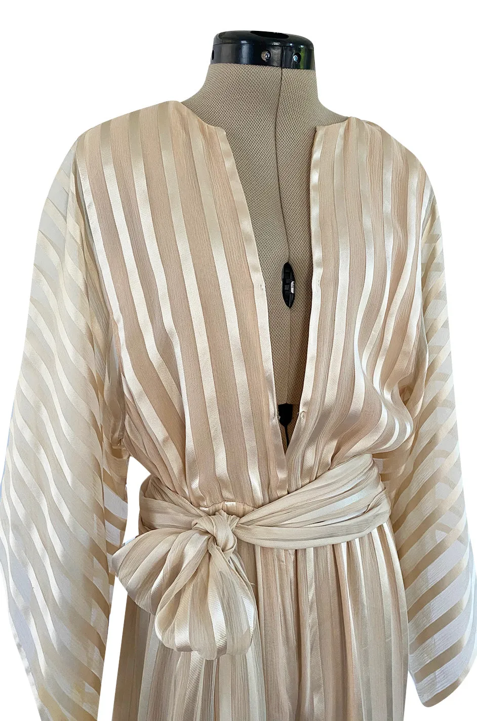 Halston 1976 Ivory Ribbon Silk Chiffon Ivory Jumpsuit w Original Sash
