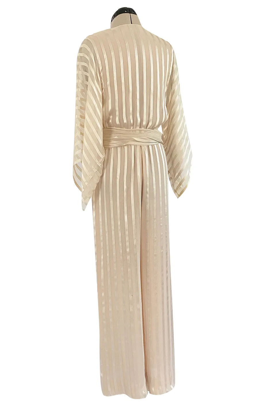 Halston 1976 Ivory Ribbon Silk Chiffon Ivory Jumpsuit w Original Sash