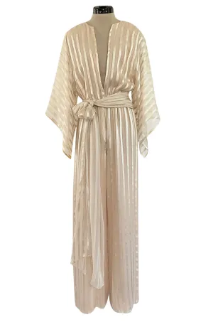 Halston 1976 Ivory Ribbon Silk Chiffon Ivory Jumpsuit w Original Sash
