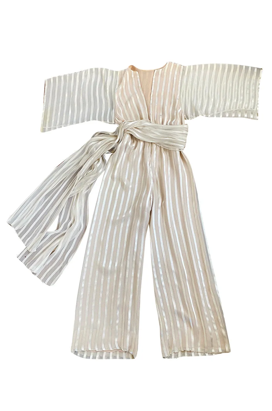 Halston 1976 Ivory Ribbon Silk Chiffon Ivory Jumpsuit w Original Sash